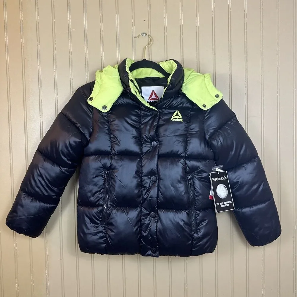 Reebok Girls/Boys Black LIME Puffer Coat Jacket Removable Inner Layer Size 7/8